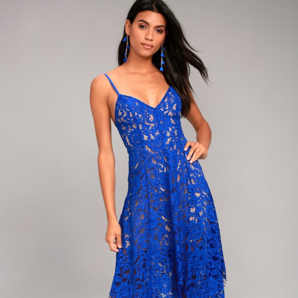 ONE WISH ROYAL BLUE LACE MIDI DRESS LULUS